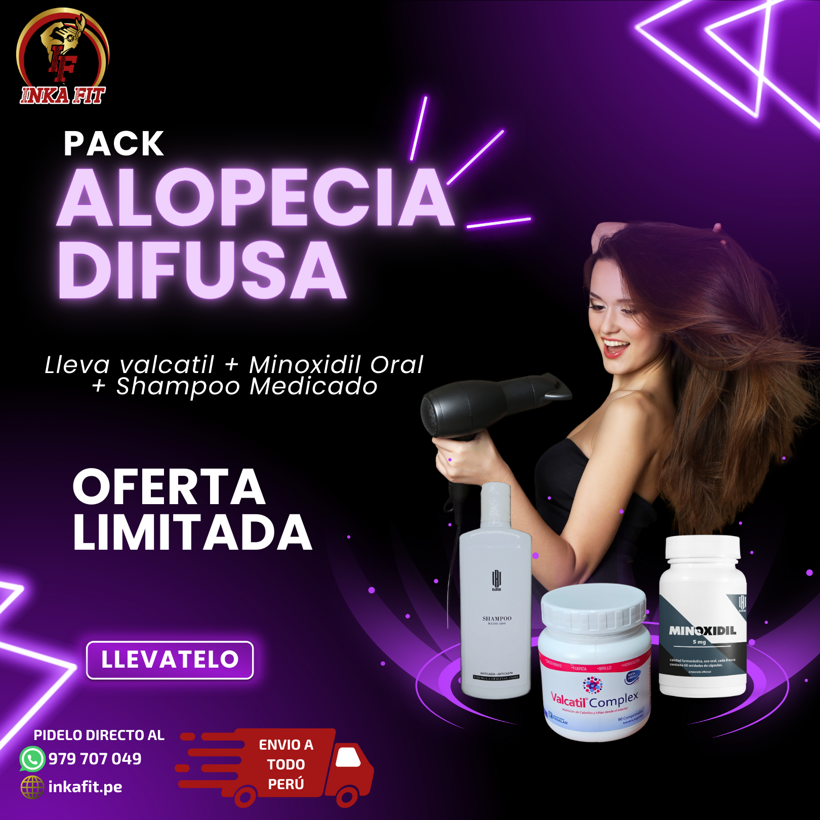 Valcatil Complex 90 Capsulas + Minoxidil Oral 5mg 60 caps + Shampoo medicado 250ml