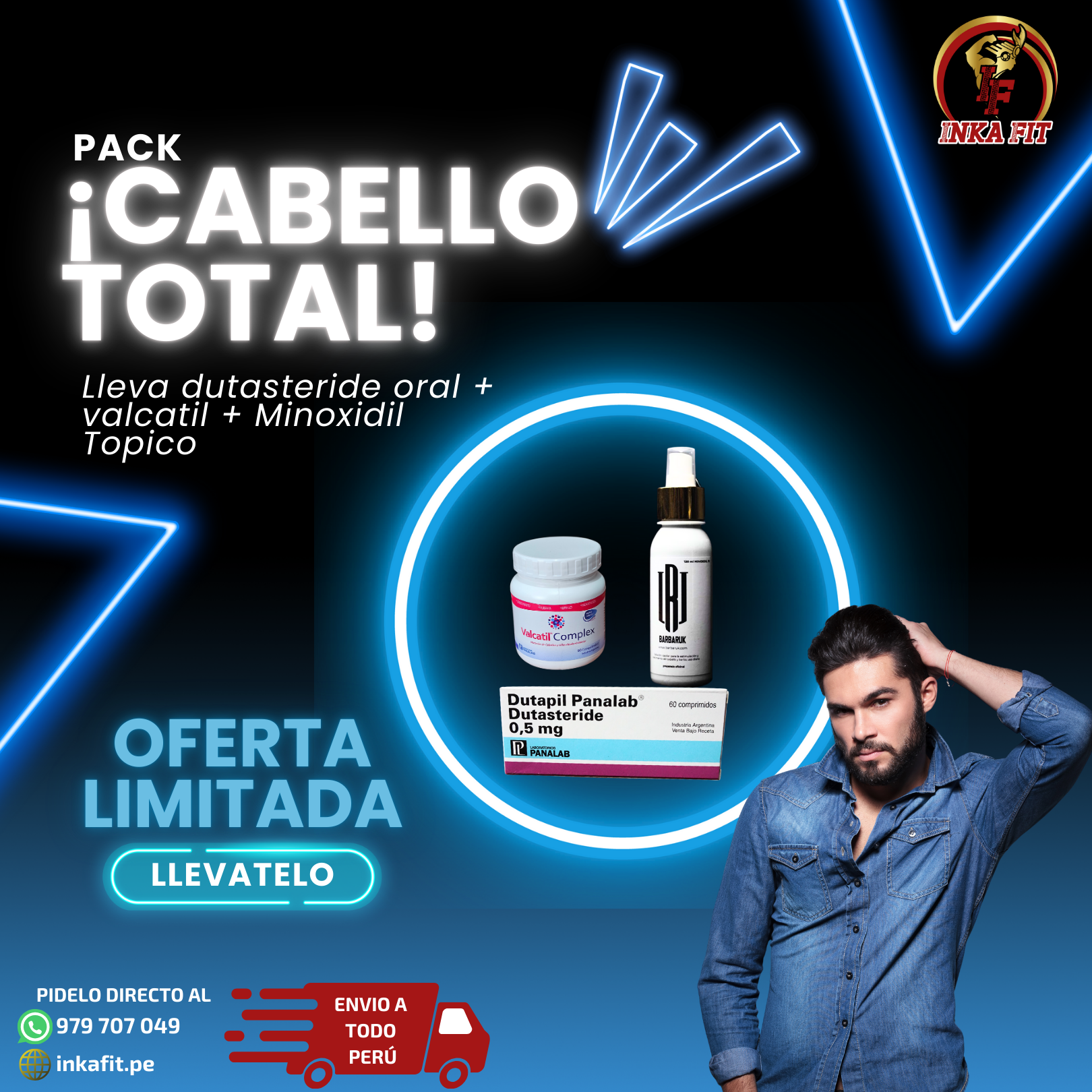 Dutasteride 0.5mg Panalab 60 comprimidos + Minoxidil Locion 125ml+ Valcatil Complex 90 caps