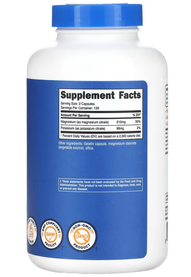 Citrato De Magnesio 210 mg Y Potasio 99 mg 240 capsulas Importado Nutricost