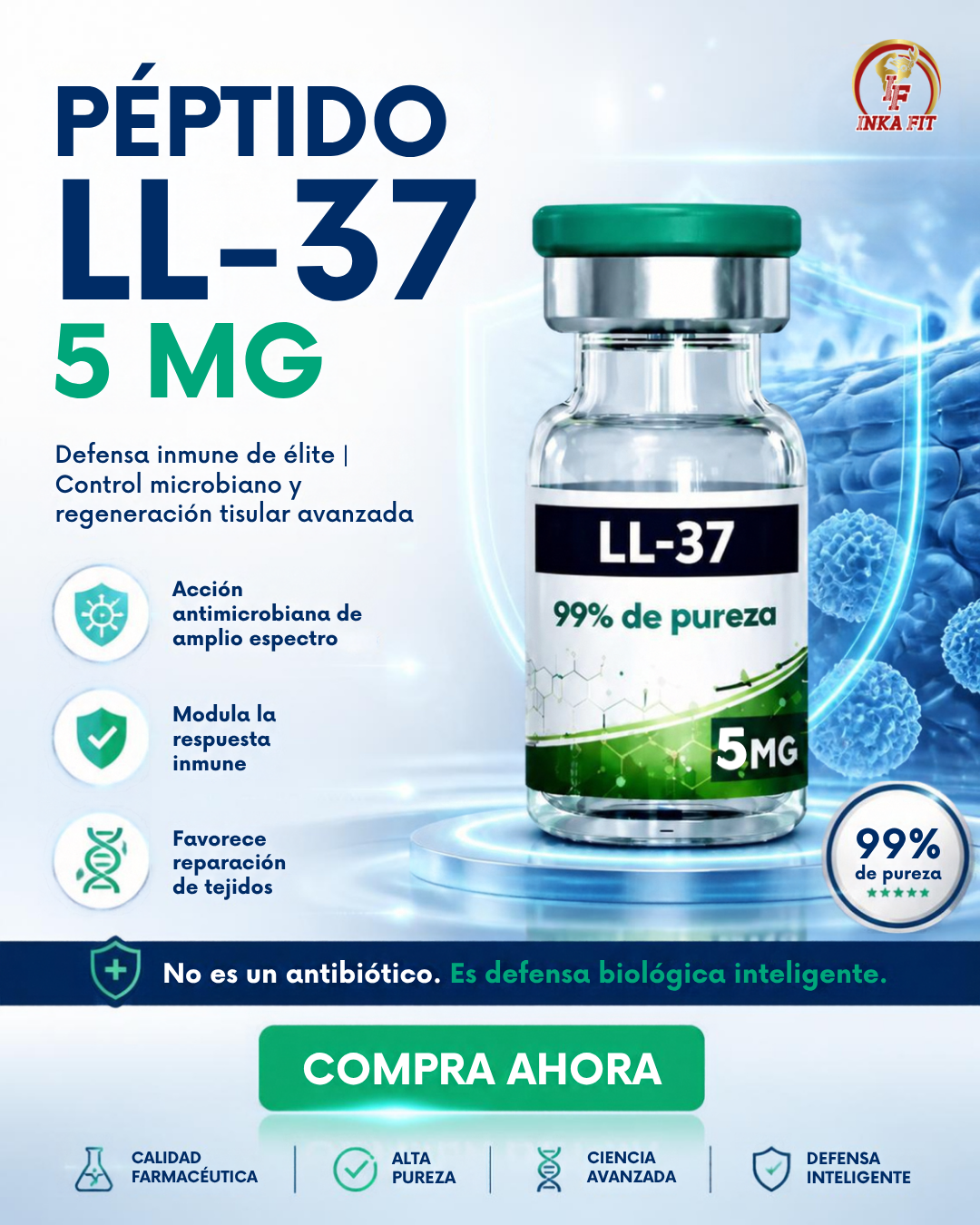 ll-37, péptido ll-37, ll 37 5mg, ll-37 liofilizado, ll-37 pure labs, comprar ll-37 perú, venta de péptidos lima, pure labs perú, inkafit, inkafit.pe, tienda de péptidos perú, agua bacteriostática 3ml, envíos péptidos perú, péptido antimicrobiano, catelicidina, refuerzo sistema inmunológico, inmunomodulador peptídico, salud intestinal, tratamiento intestino permeable, biohacking inmunológico, reparación de tejidos, cicatrización acelerada, antiinflamatorio celular, medicina peptídica perú, fitness farmacología, recuperación celular, suplementos de grado médico, terapia con péptidos, reconstitución ll-37