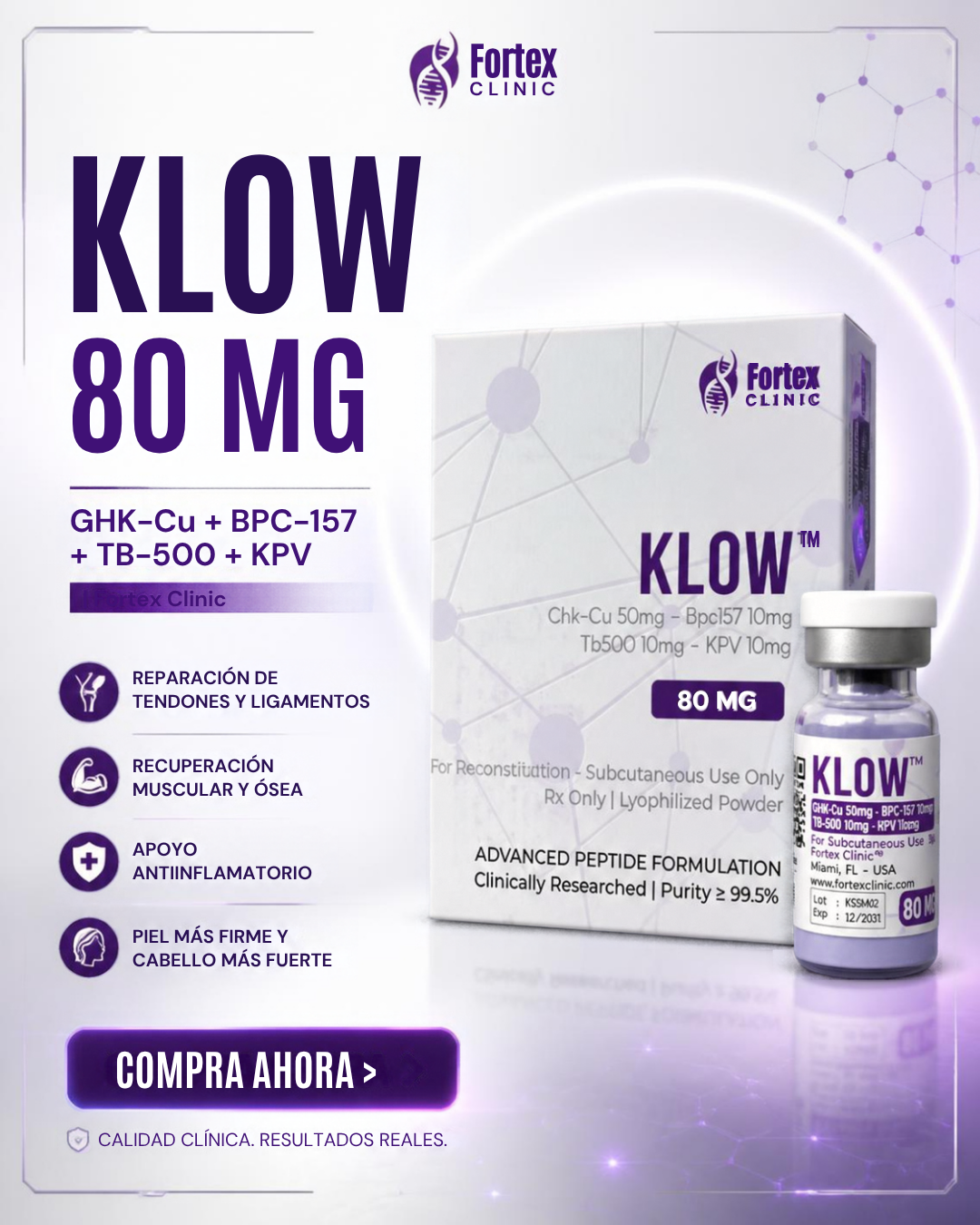 Péptido KLOW 80mg 3ml Liofilizados GHK-cu 50mg + Kpv 10mg + BPC-157 10mg + TB-500 10mg - Fortex Clinic