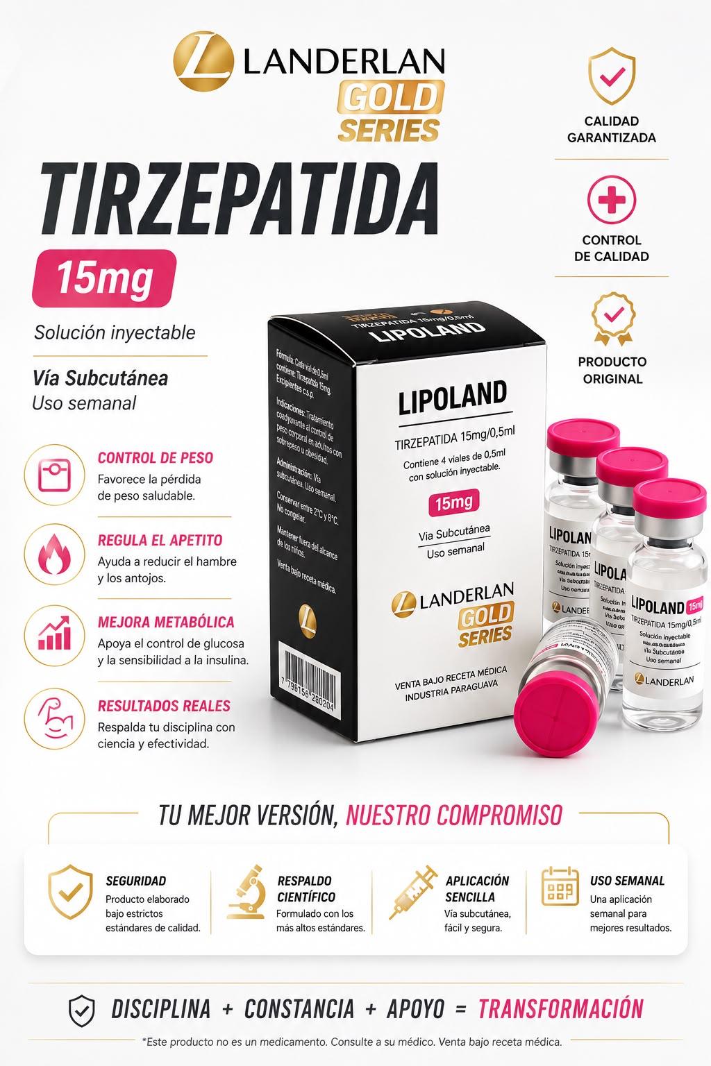 Peptido Mounjaro Tirzepatida Lipoland 60mg 4 viales de 15mg 0.5ml Landerlan Gold