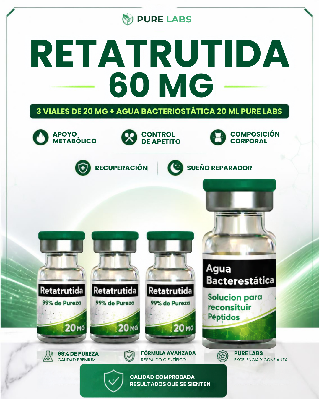 Péptido Retatrutida (Retatrutide) 60mg 3 viales de 20mg + Agua Bactereostatica de 10ml Pure Labs