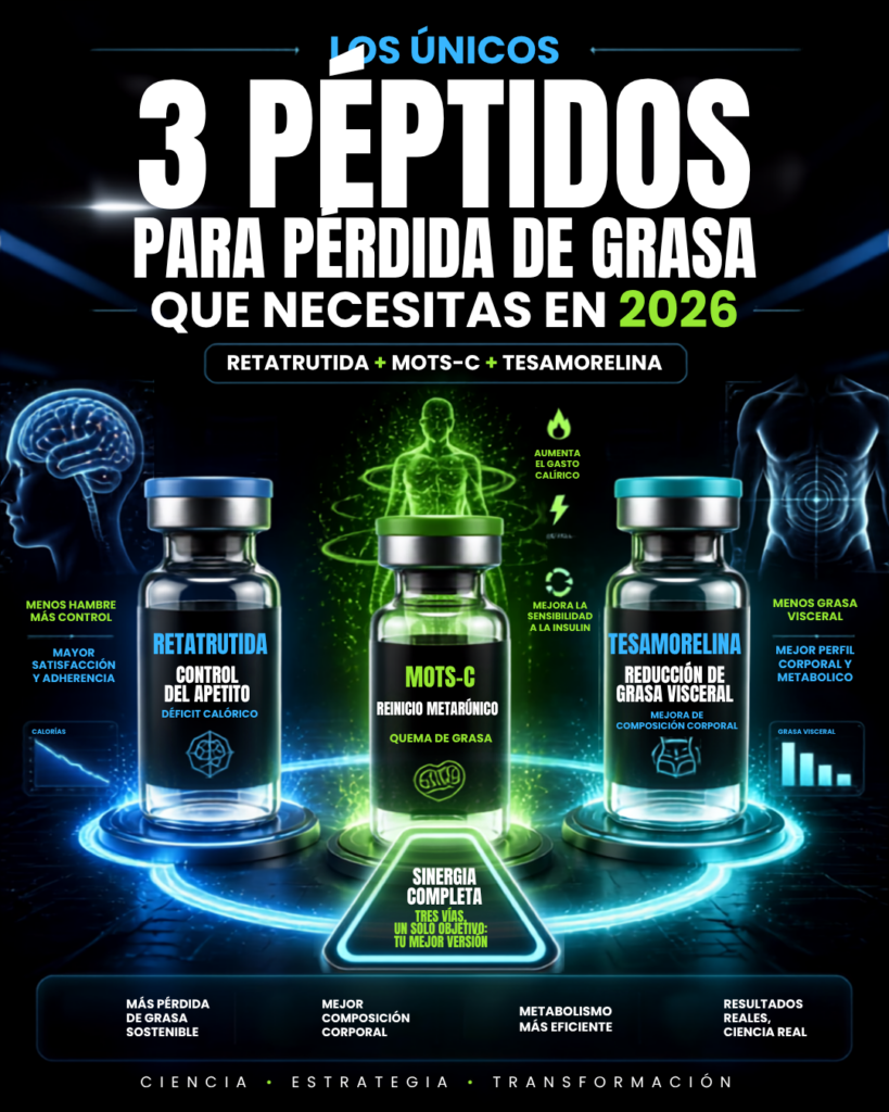 Los únicos 3 péptidos para perder grasa que necesitas en 2026: Retatrutida + MOTS-C + TESAMORELIN
